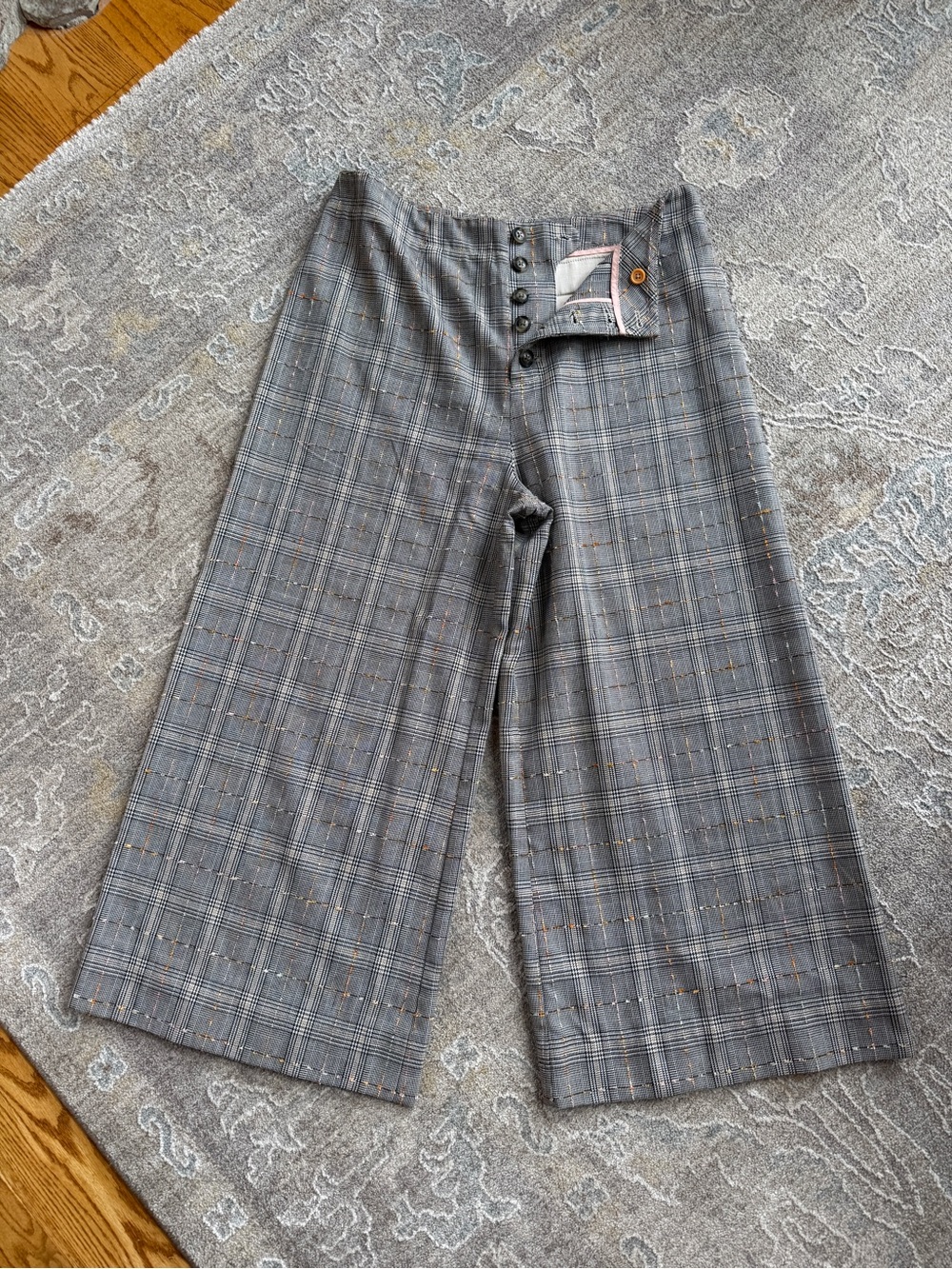 Anthropologie Gray Plaid Wide-Leg Pants with Subtle Orange Accents